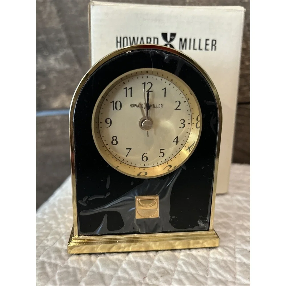 Vtg‎ 80's Howard Miller Carriage Style Brass and Black Quartz Alarm Desk Clock